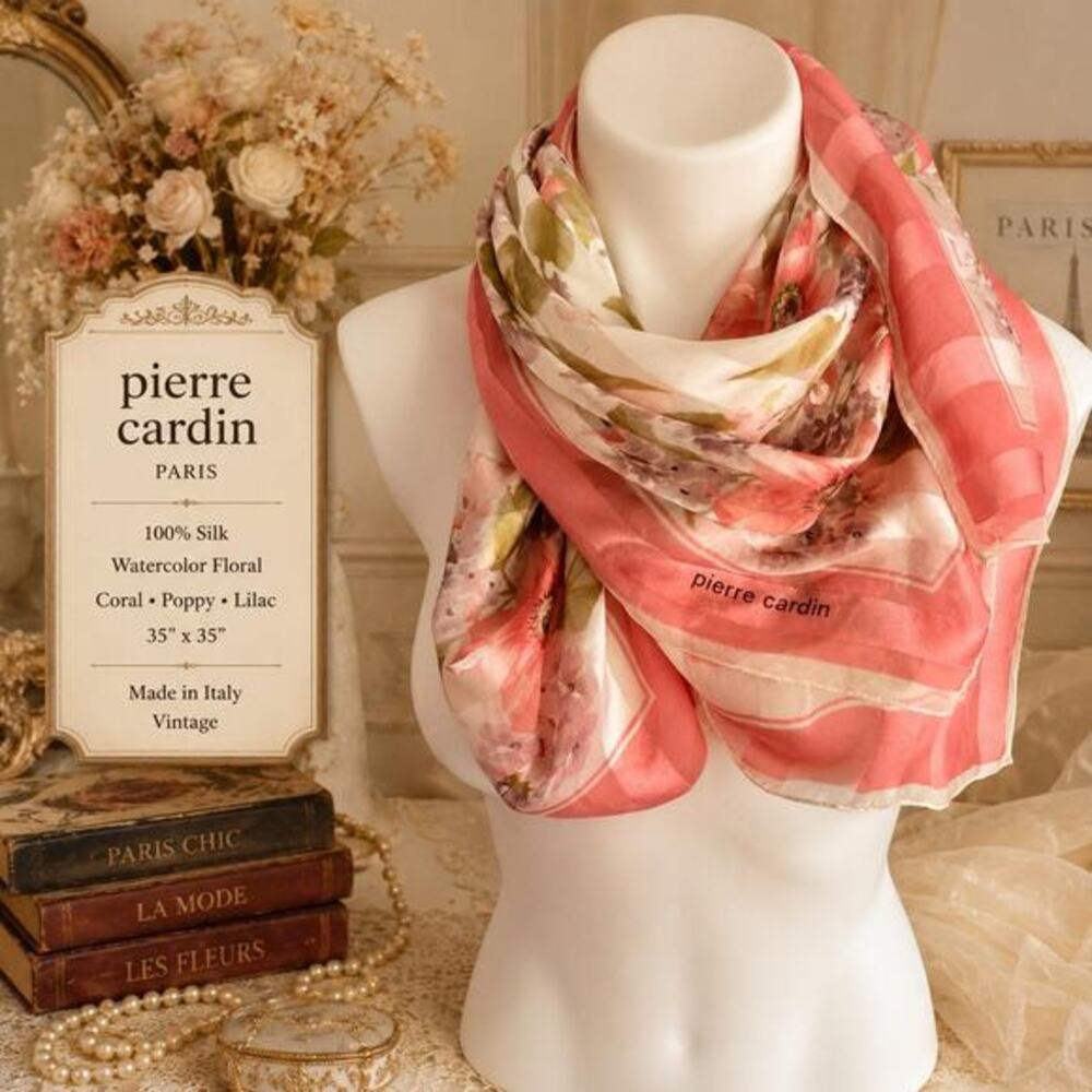 Vintage Pierre Cardin Paris Silk Scarf Coral Lilac Bouquet Watercolor Floral 35"